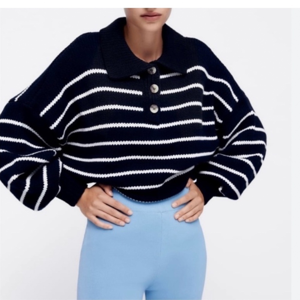 Zara Cropped Chunky Knit Nautical Classic Striped Sweater Navy/White Size Medium